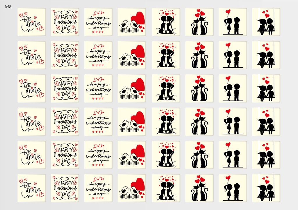 [Pack of Transfer Sheets] Square Valentine Decorations (8 designs) - Model 1