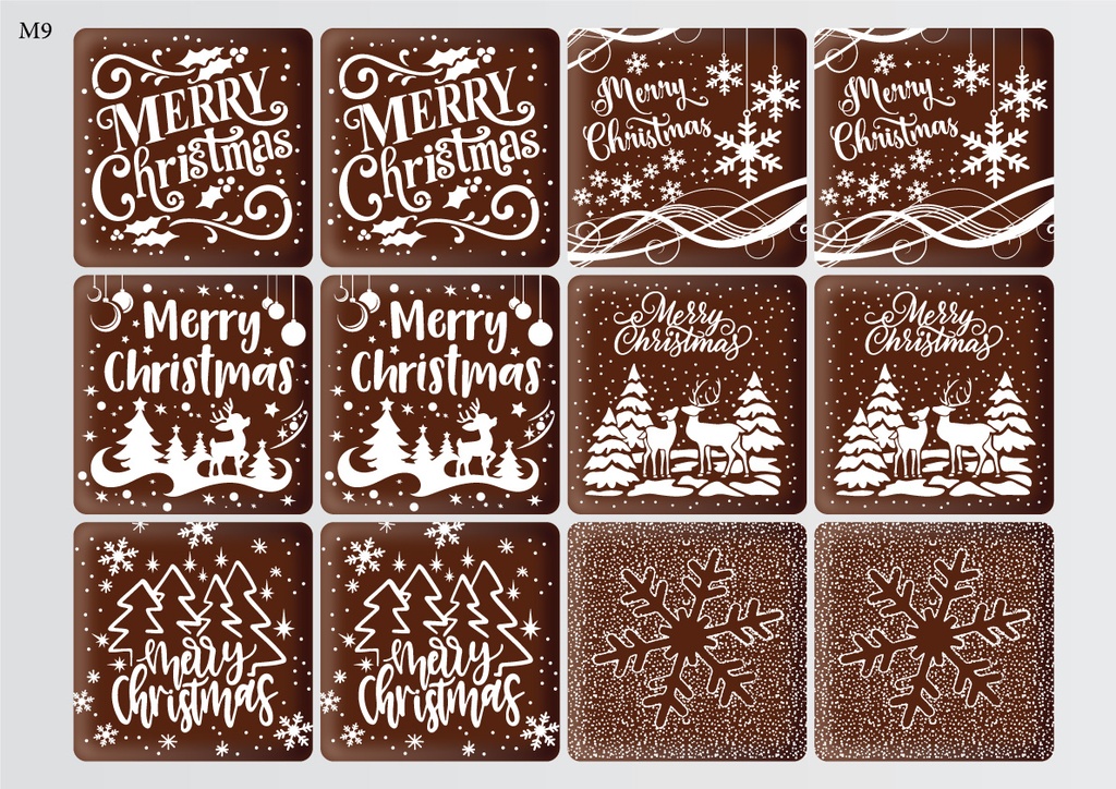[Pack de feuilles de transfert] Décorations de Noël carrées en bûche de Noël (6 modèles) – Disponible en or, blanc, noir et rouge